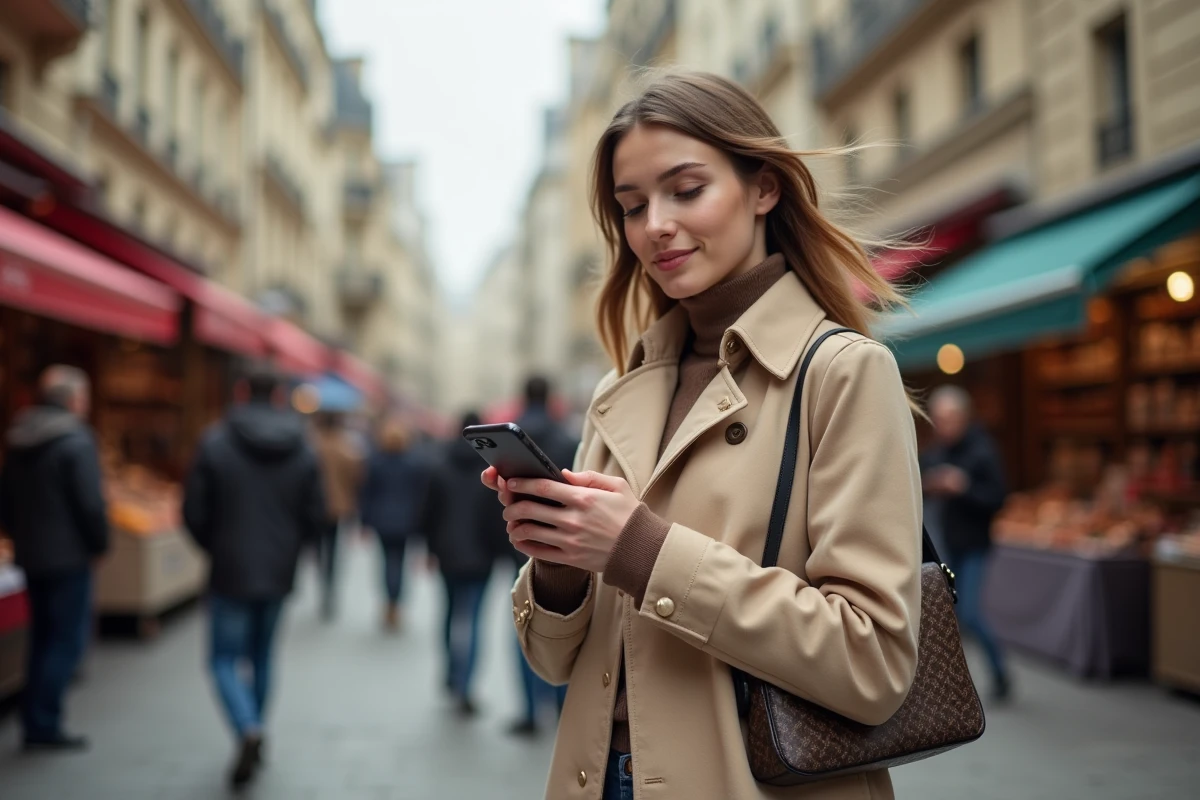 Jeune femme examinant un sac de luxe dans un marché parisien