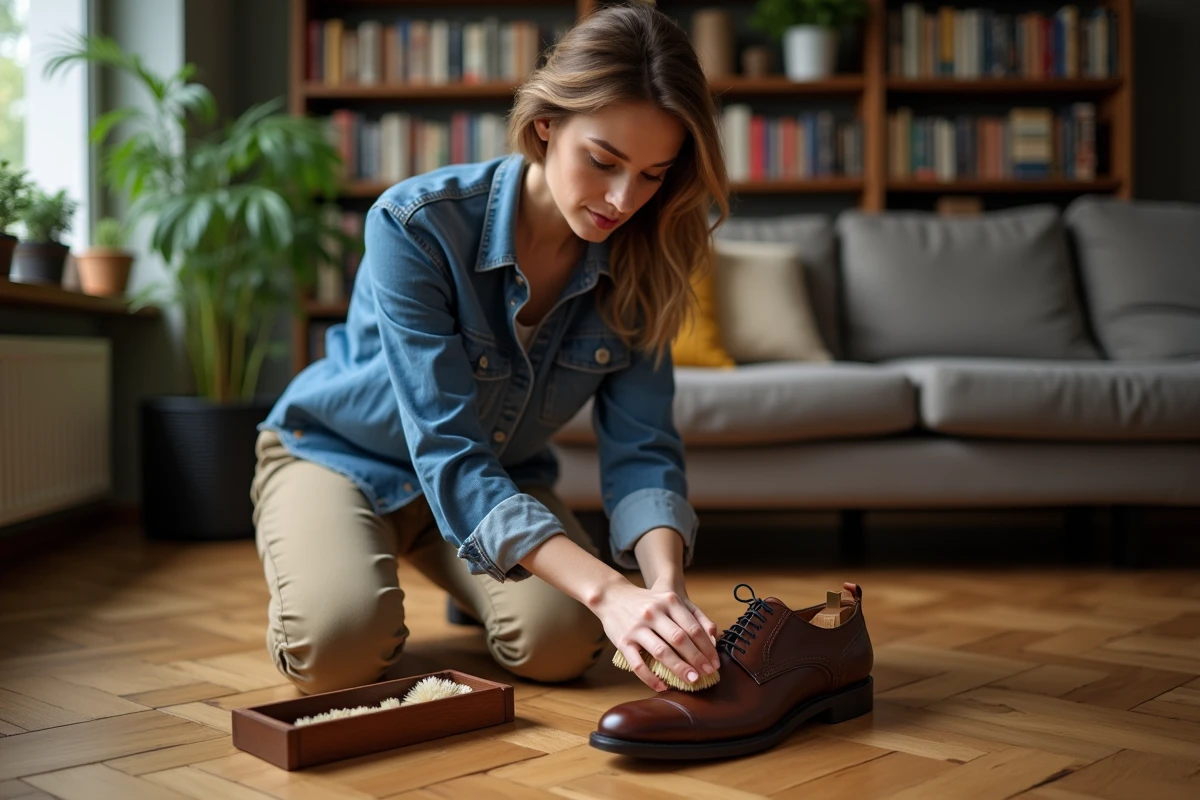 Jeune femme polissant des chaussures en cuir dans un salon cosy