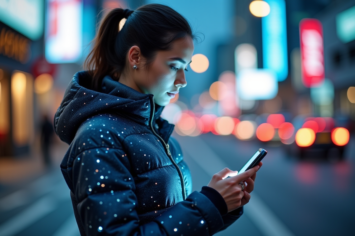 Jeune femme portant une veste moderne à fibres numériques interactives
