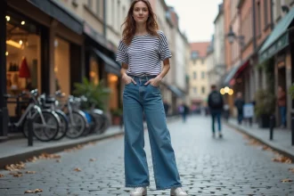 Jeune femme en jeans large et chemise rayée dans une ville européenne