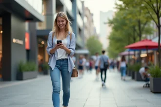 Jeune femme souriante dans la ville en jeans et t-shirt rayé