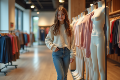 Jeune fille de 15 ans dans une boutique de mode avec mannequins