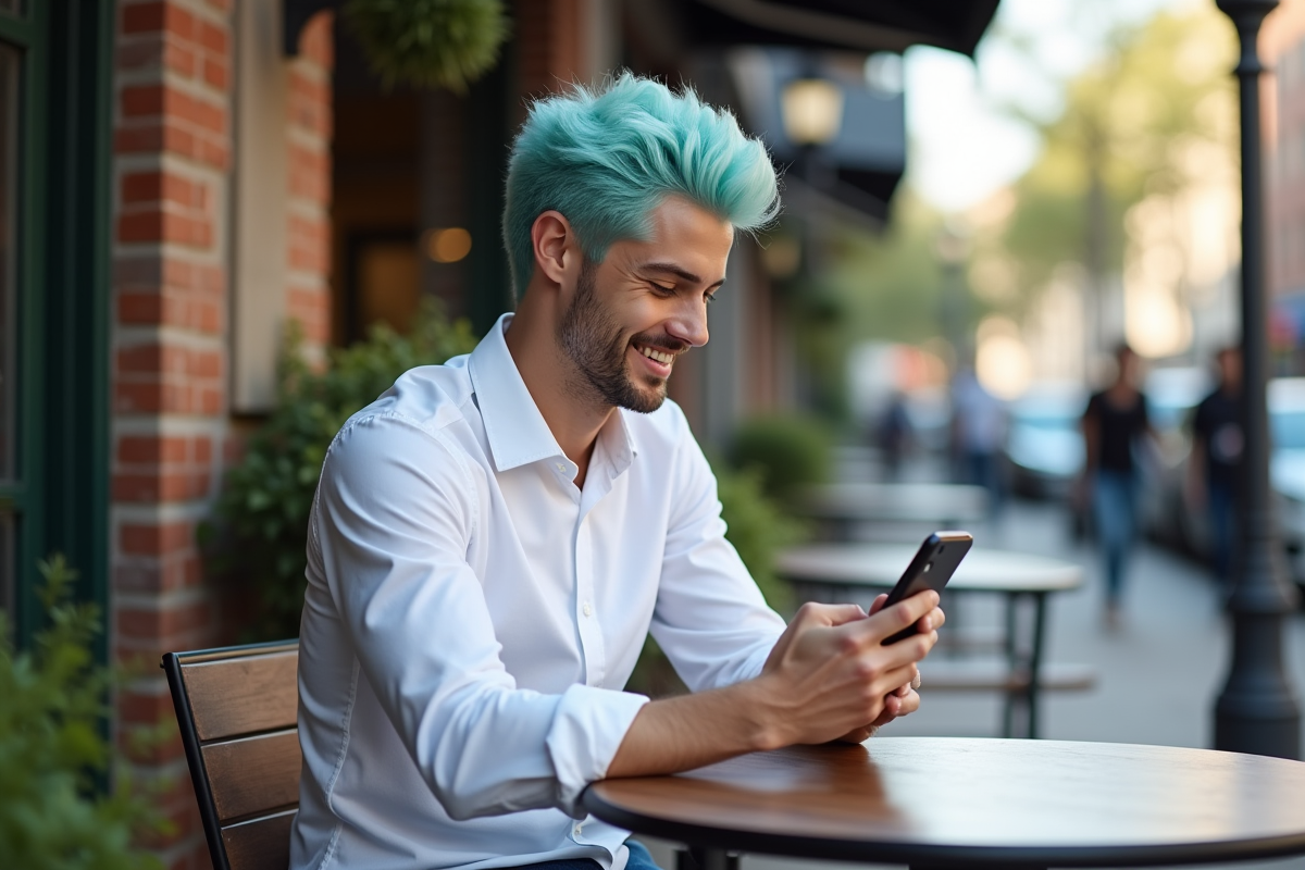 Jeune homme avec cheveux pastel bleu au café utilisant son téléphone