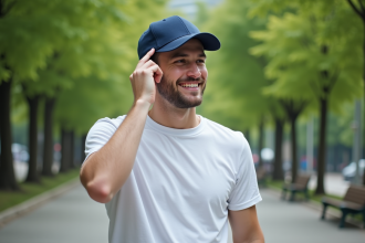 Jeune homme souriant portant un casquette dans un parc urbain