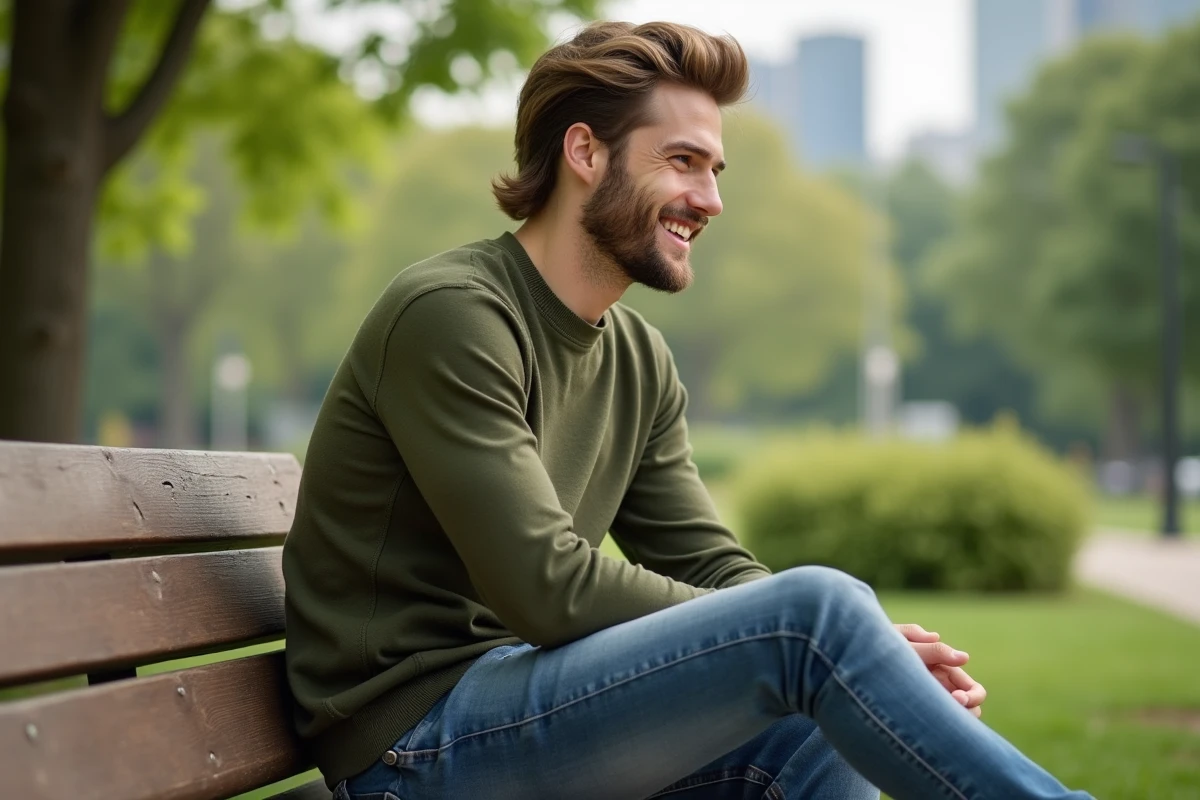 Jeune homme avec coupe mullet dans un parc urbain