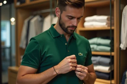 Jeune homme examinant le logo crocodile sur son polo vert