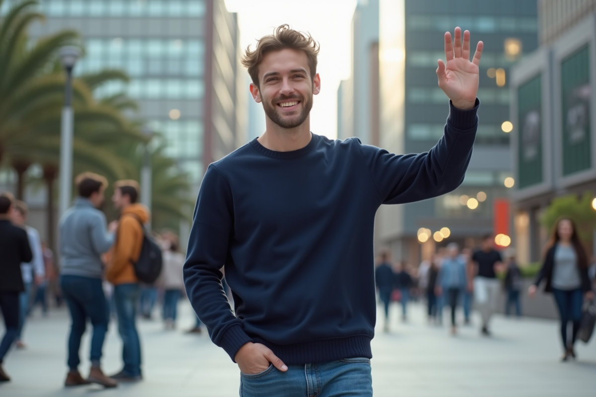 Jeune homme saluant dans une place urbaine animée