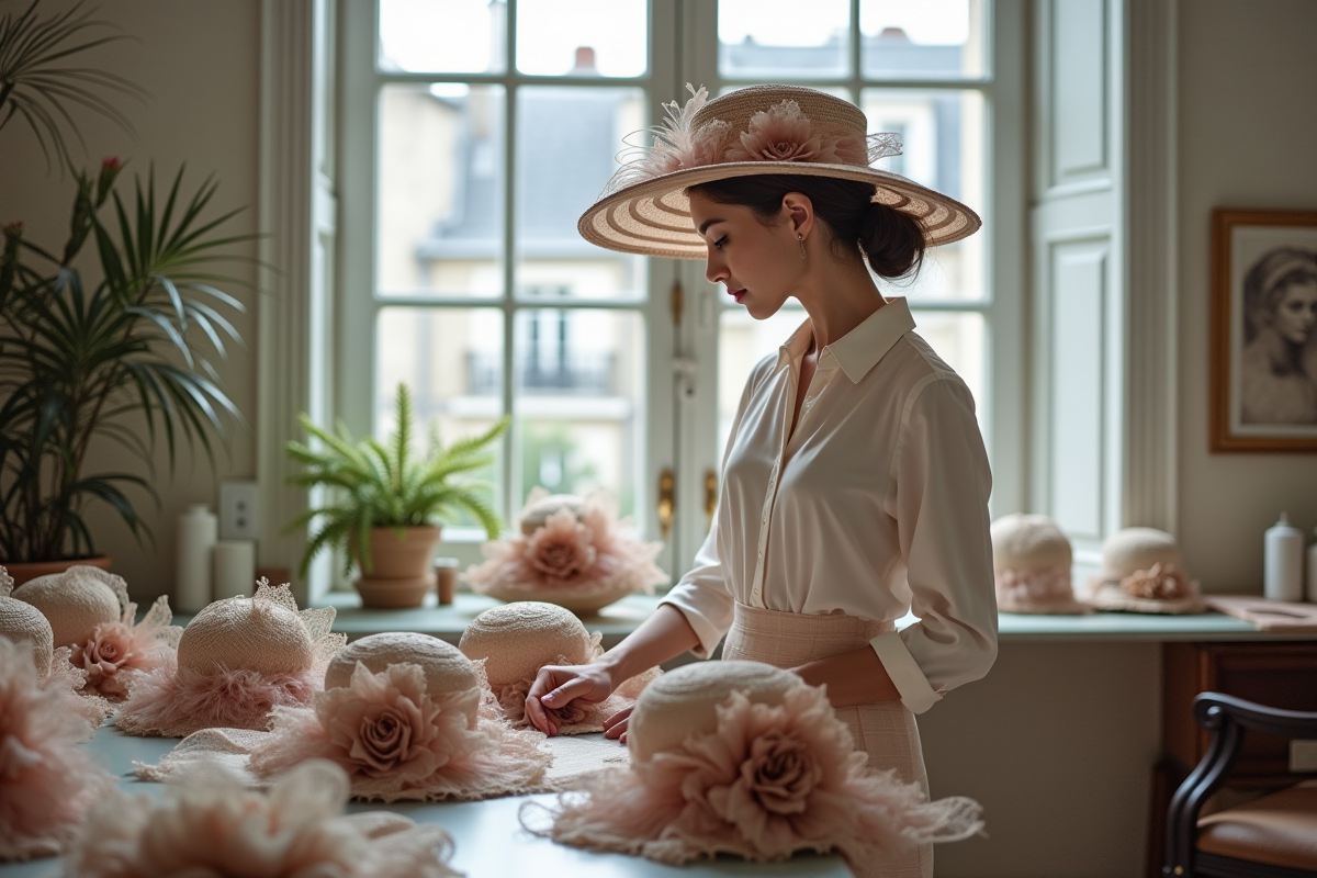 Jeune femme milliner avec chapeaux ornés dans un atelier élégant