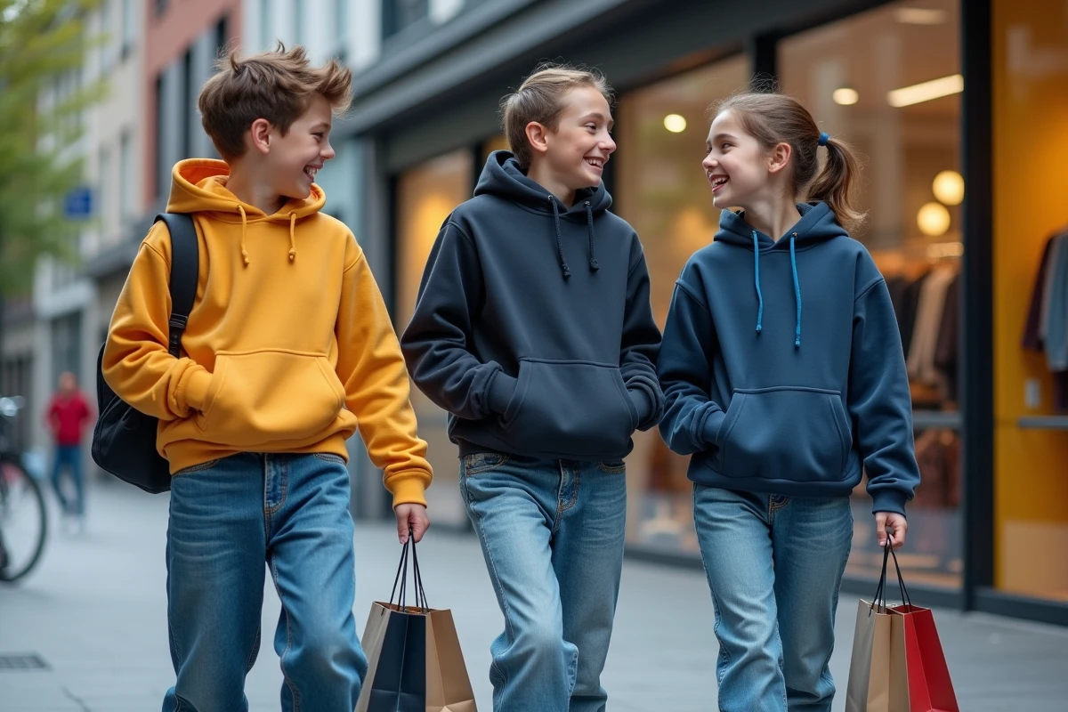 Trois adolescents en jeans et hoodies dans la rue urbaine