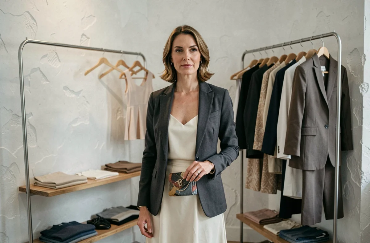 Femme raffinée en blazer charbon dans l'atmosphère intimiste et soignée d'une boutique sélective