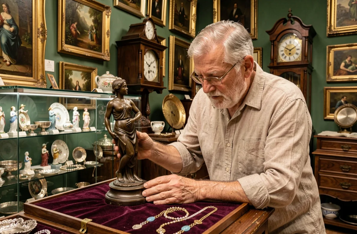 Antiquaire de La Girandole dans le 3e arrondissement de Lyon examinant une figurine en bronze parmi des objets anciens