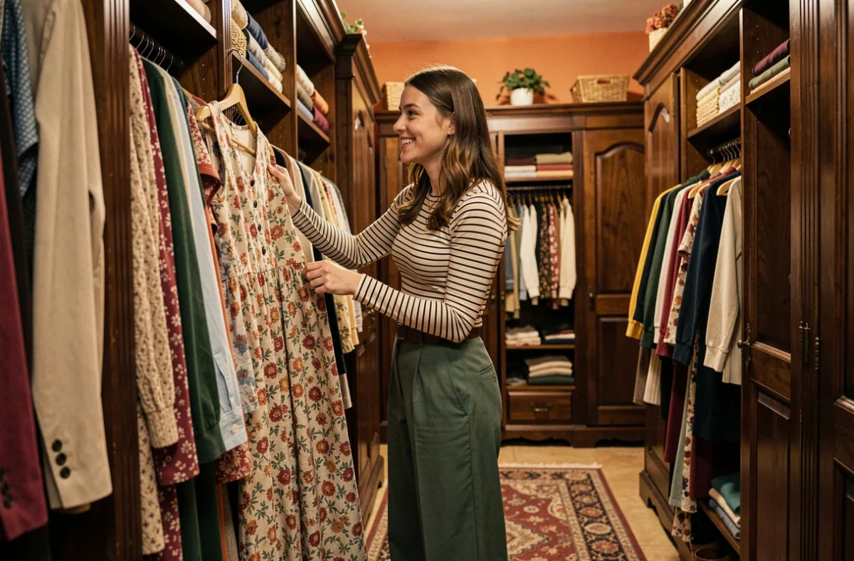 Une jeune femme sort une robe fleurie vintage d'un présentoir en bois style armoire dans la friperie La Penderie à Coutances, boutique intime à l'atmosphère chaleureuse et personnelle.