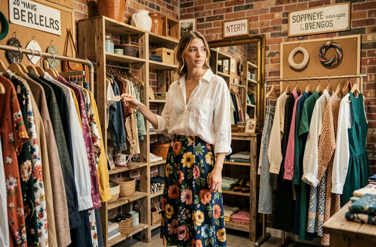Femme créative en tenue éclectique explorant les pièces uniques d'une boutique indépendante