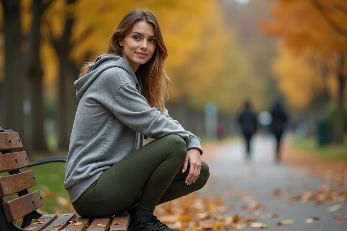 Femme accroupie en legging Halara vert olive dans un parc automnal en ville