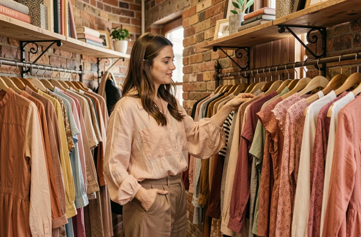 Intérieur cosy de la boutique Les Appartements de Juju à Besançon avec une cliente parcourant les vêtements tendance