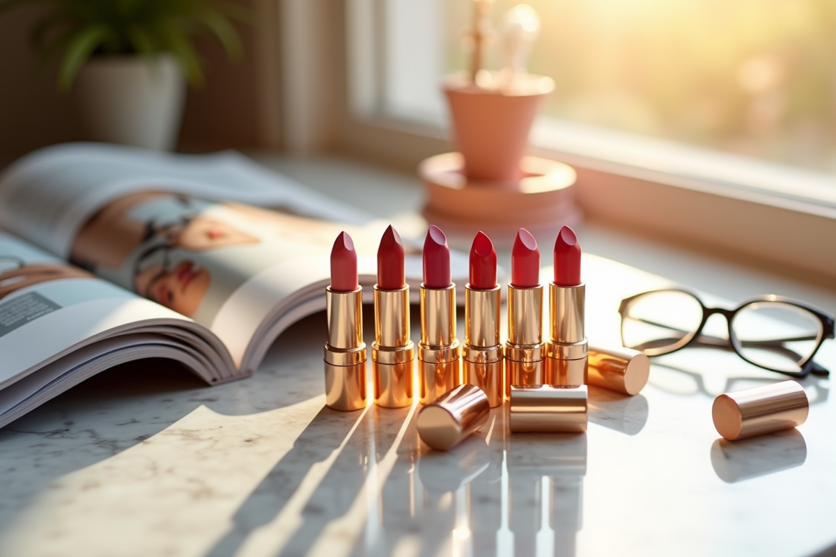 Sélection de rouges à lèvres avec lunettes et magazine mode