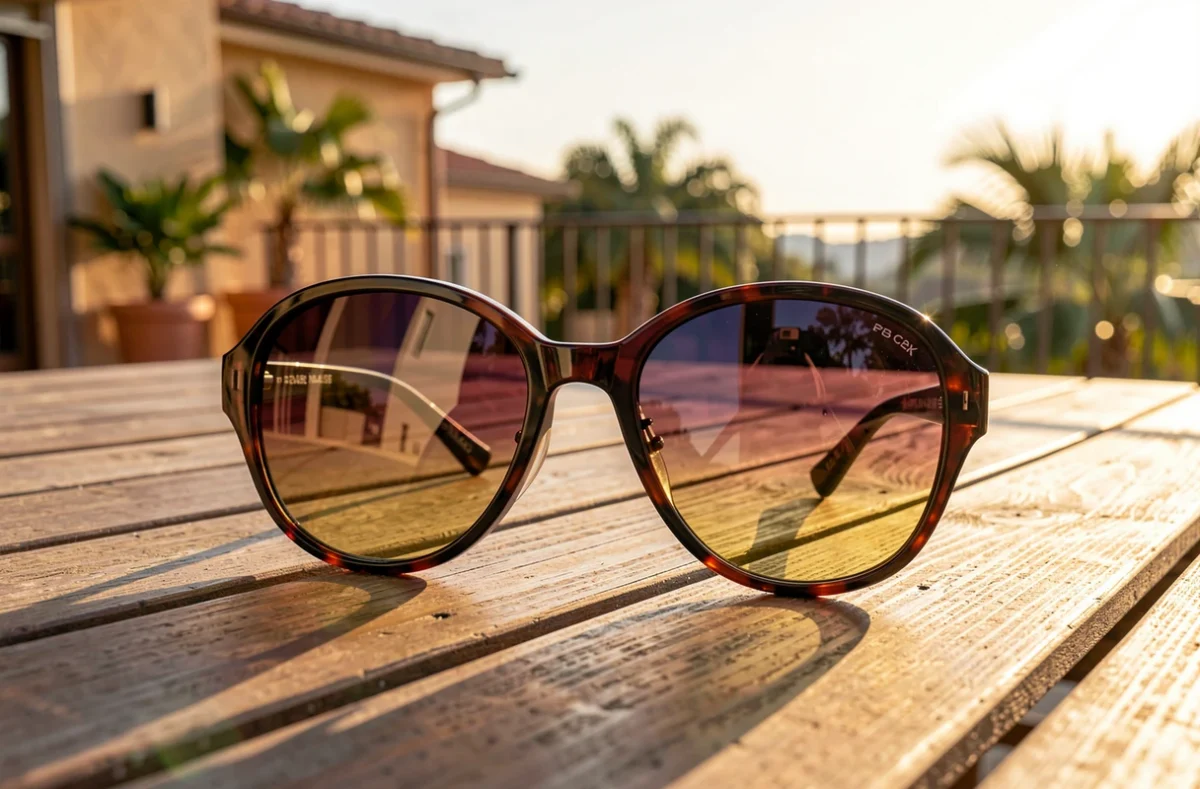 Lunettes de soleil oversize à verres dégradés sur une table en bois