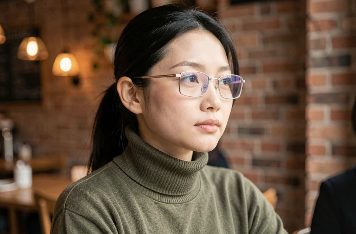 Portrait en gros plan d'une jeune femme asiatique à petit visage portant des lunettes rectangulaires fines en titane bien proportionnées