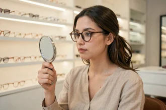 Jeune femme à petit visage portant des lunettes rondes en acétate écaille adaptées à sa morphologie dans une boutique d'optique moderne
