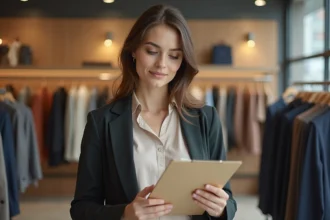 Manager femme en magasin de vêtements H&M vérifiant un presse-papiers avec un air professionnel et confiant