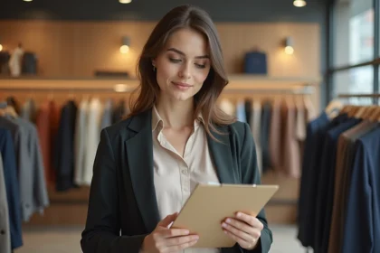 Manager femme en magasin de vêtements H&M vérifiant un presse-papiers avec un air professionnel et confiant