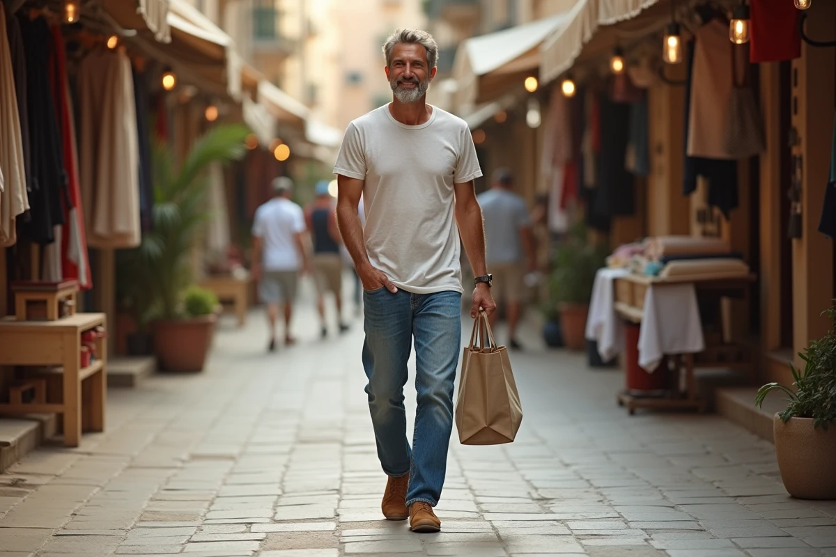 Homme marchant dans un marché urbain avec des babouches