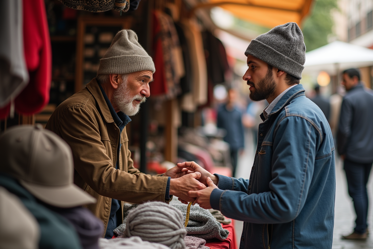 Jeune homme achetant un chapeau au marché en extérieur