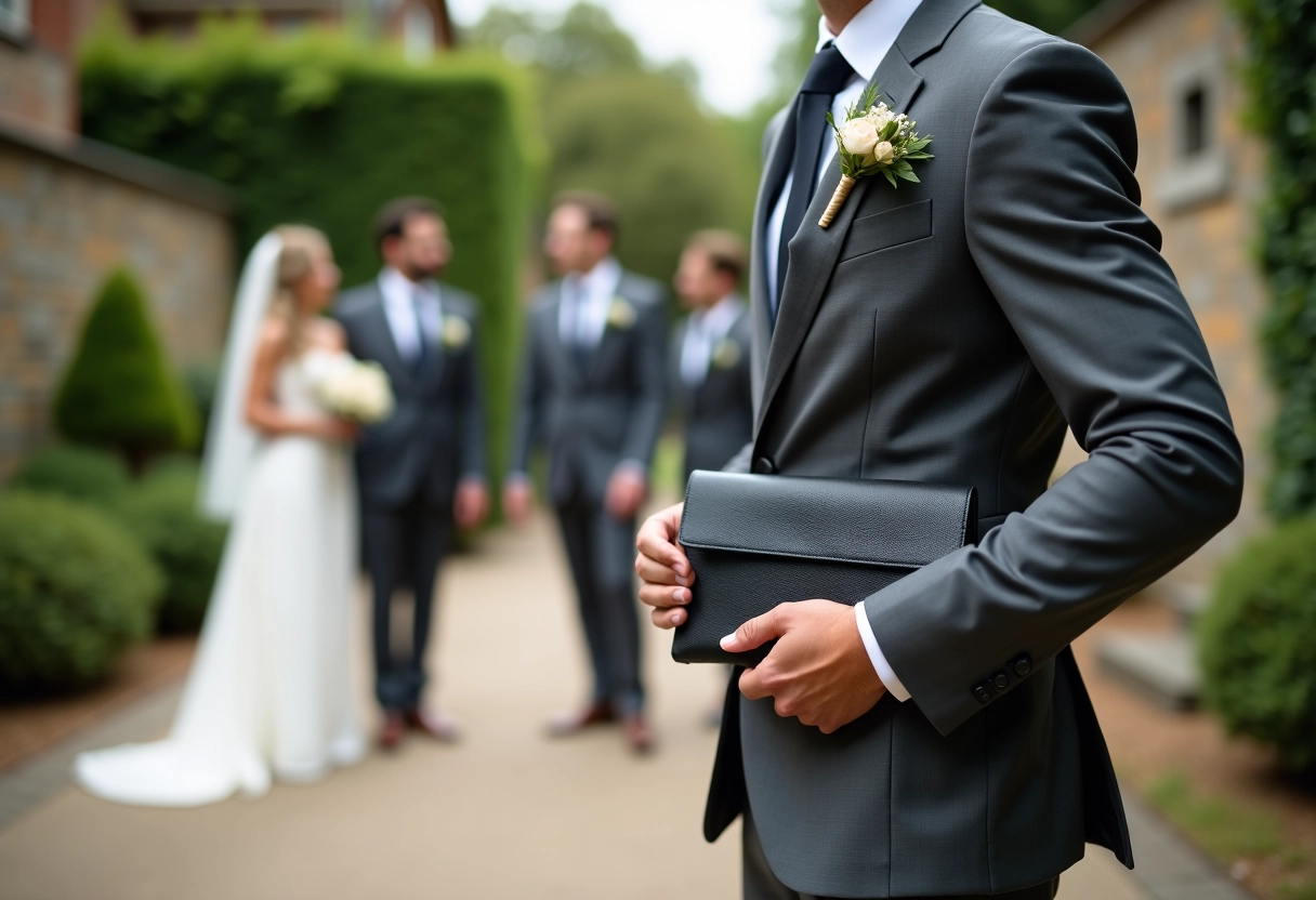 Jeune homme en costume gris tenant une pochette en cuir noir