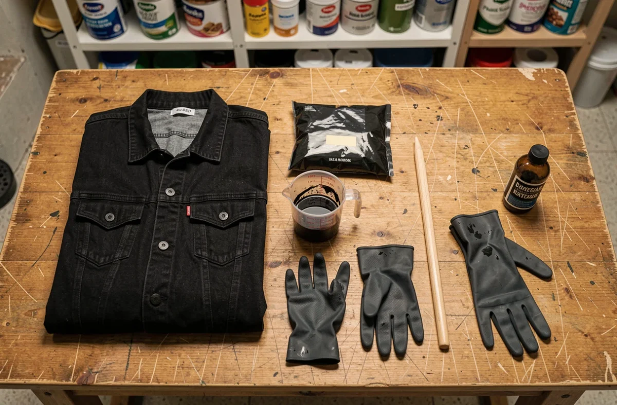Vue de dessus des matériaux nécessaires pour teindre un vêtement en noir à la maison, incluant teinture, gants et fixateur de couleur
