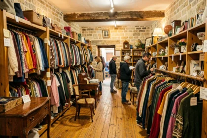 Intérieur animé d'un dépôt-vente dans le Rhône avec des vêtements colorés sur des portants en bois et des objets de décoration