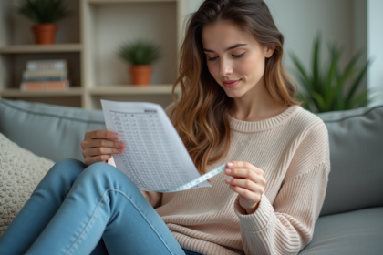 Jeune femme mesurant son pied avec un ruban dans un salon