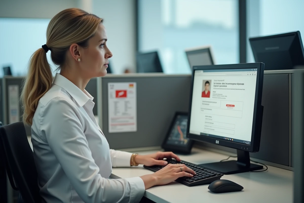 Employée La Poste en bureau administratif mettant à jour sa taille et son adresse dans l'outil Mon habillement sur ordinateur