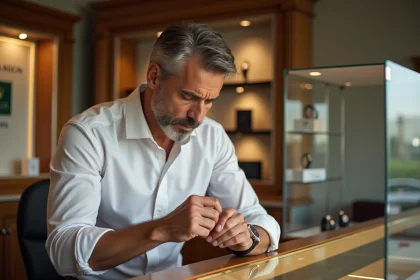Homme en chemise blanche examinant une Rolex Day-Just d'occasion chez un revendeur de montres de luxe