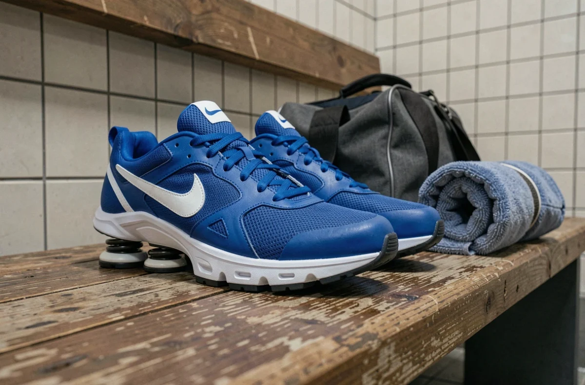 Paire de Nike Shox bleues posée sur un banc de vestiaire de salle de sport avec sac de gym, illustrant l'usage quotidien et la technologie d'amorti Shox