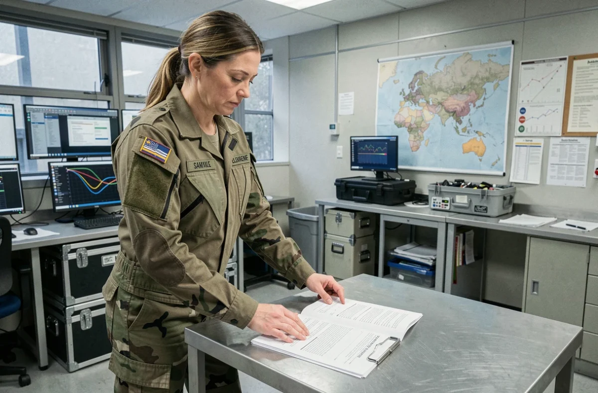 Officière militaire en tenue E habillement 2026 dans une salle des opérations