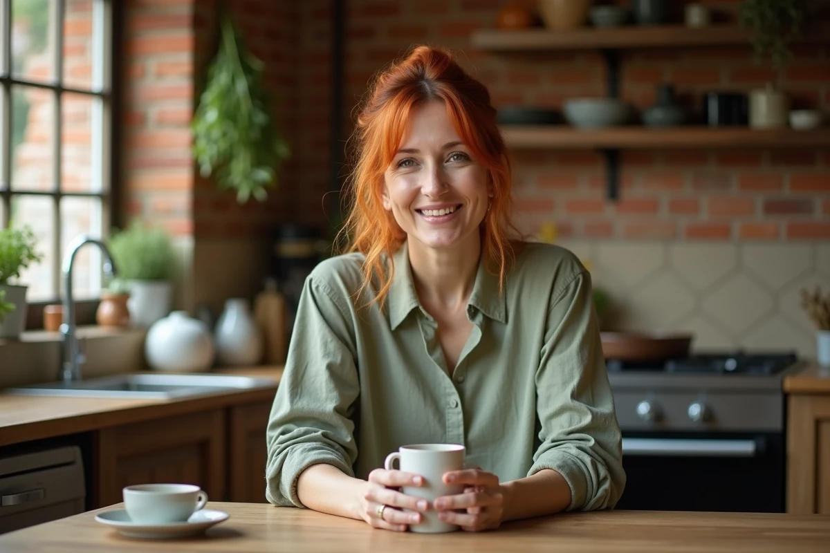 Femme aux cheveux ombré cuivre-orangé dans une cuisine rustique avec briques apparentes et carrelage en terre cuite