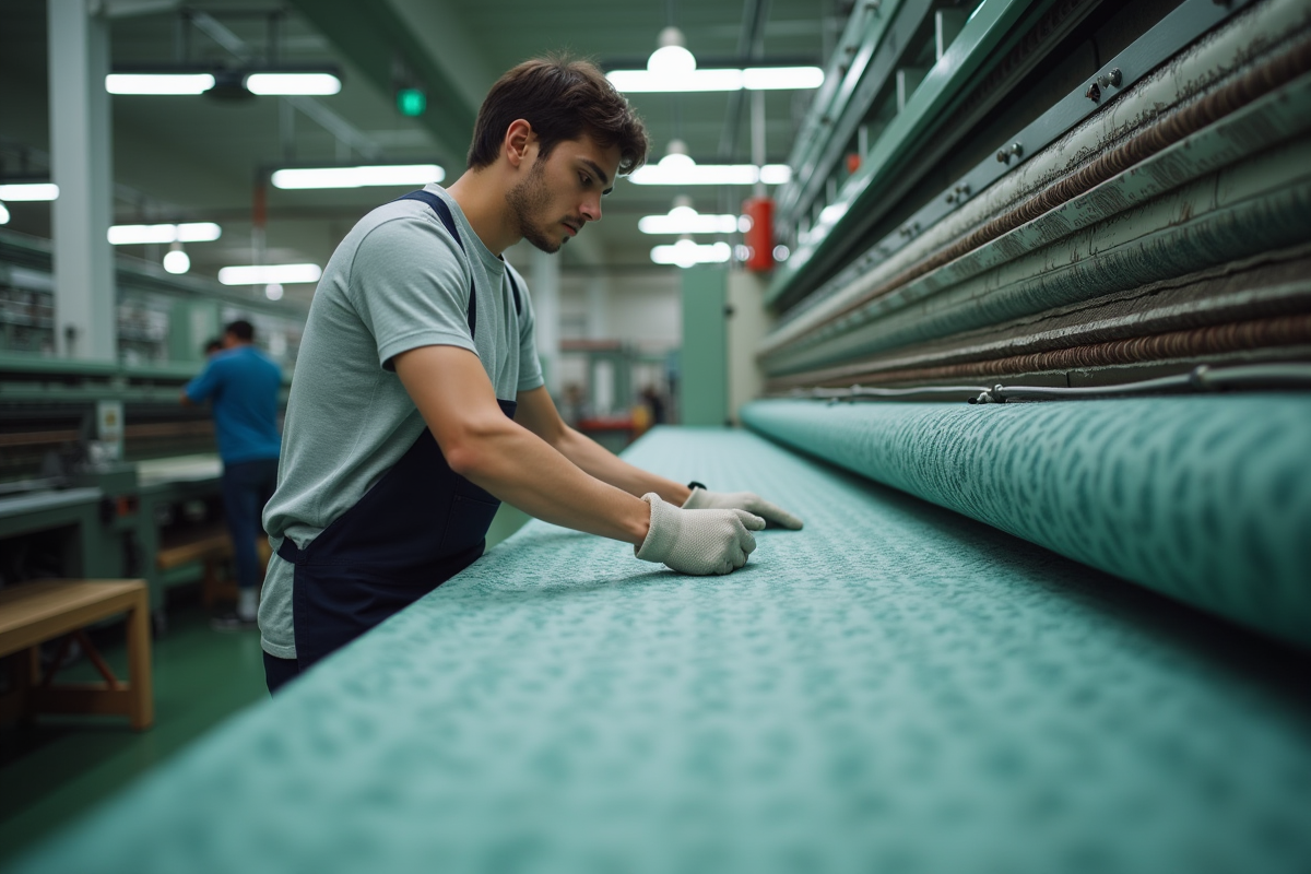 Jeune homme inspecte un tissu sur une machine industrielle