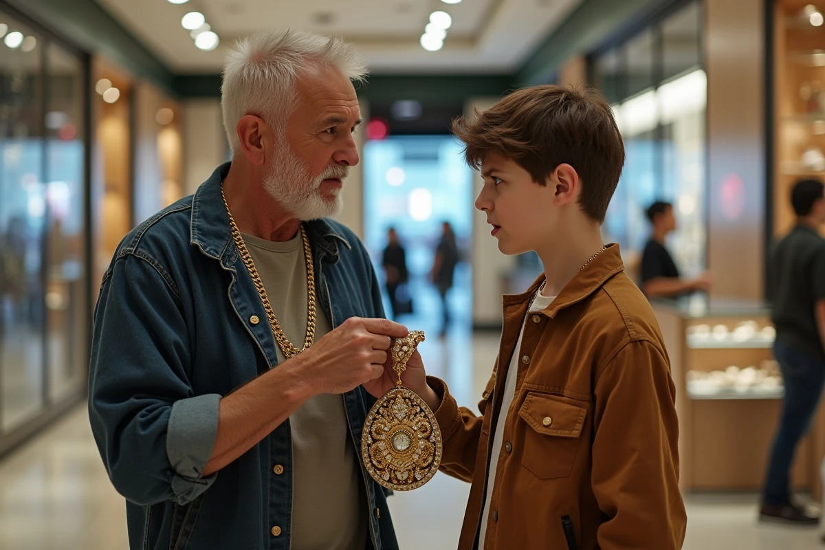 Parent et adolescent dans une bijouterie de centre commercial, le parent proposant un collier hip-hop surdimensionné que le fils n'apprécie pas