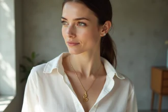 Femme portant un pendentif dragon doré minimaliste sur une chemise en lin blanc, style élégant et discret