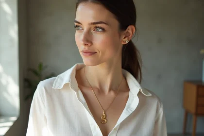 Femme portant un pendentif dragon doré minimaliste sur une chemise en lin blanc, style élégant et discret