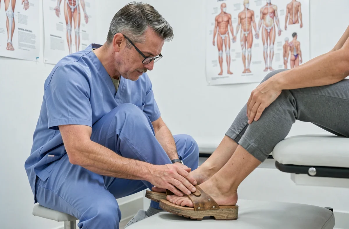 Physiothérapeute analysant la posture et l'alignement du pied d'un patient portant des sandales geta en bois lors d'une consultation clinique