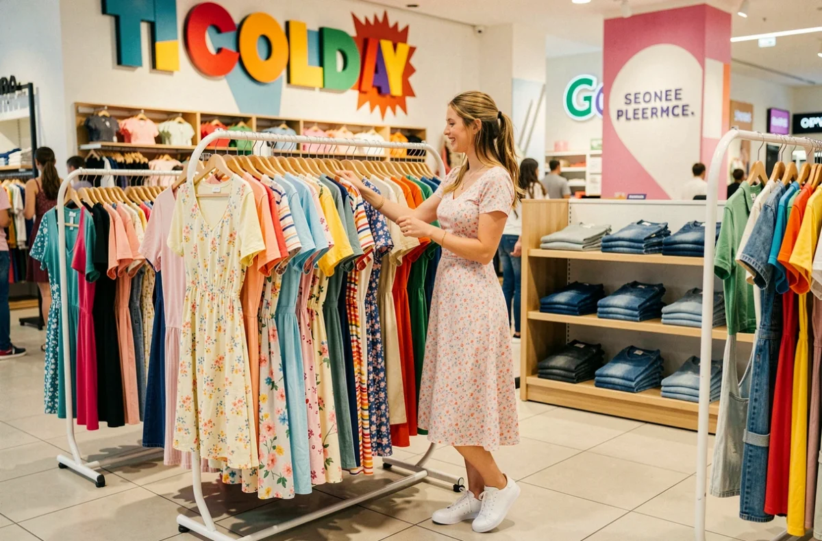 Jeune femme souriante parcourant les rayons d'une boutique Pimkie à Créteil