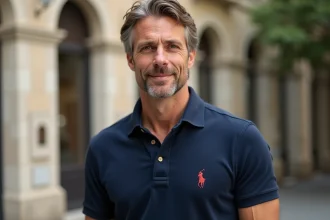 Homme portant un polo de marque au logo cheval brodé dans un cadre urbain élégant