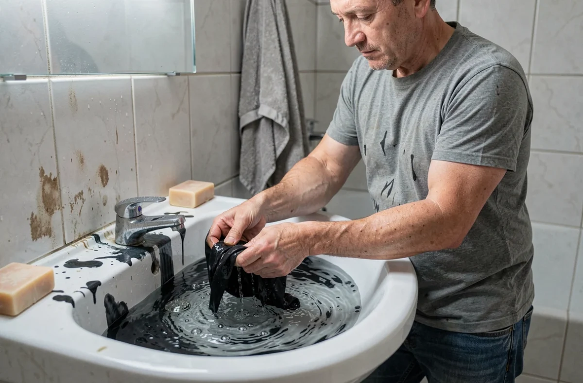 Homme rinçant un vêtement teint en noir dans un évier en porcelaine pour éviter que la teinture ne détienne