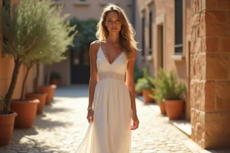 Femme portant une longue robe blanche chic avec broderie anglaise sur une terrasse en pierre ensoleillée
