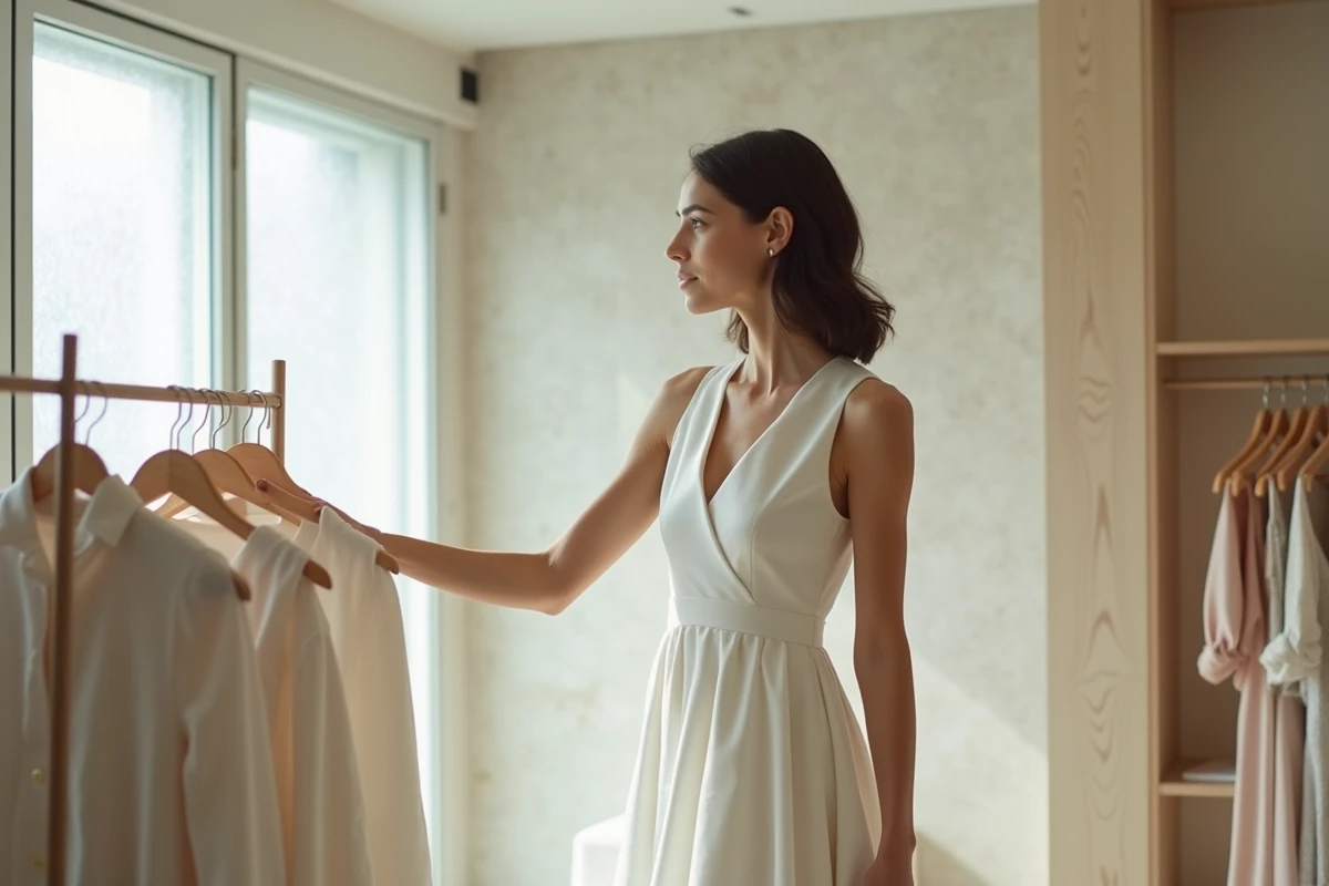 Femme en longue robe blanche élégante à col en V dans une boutique parisienne minimaliste