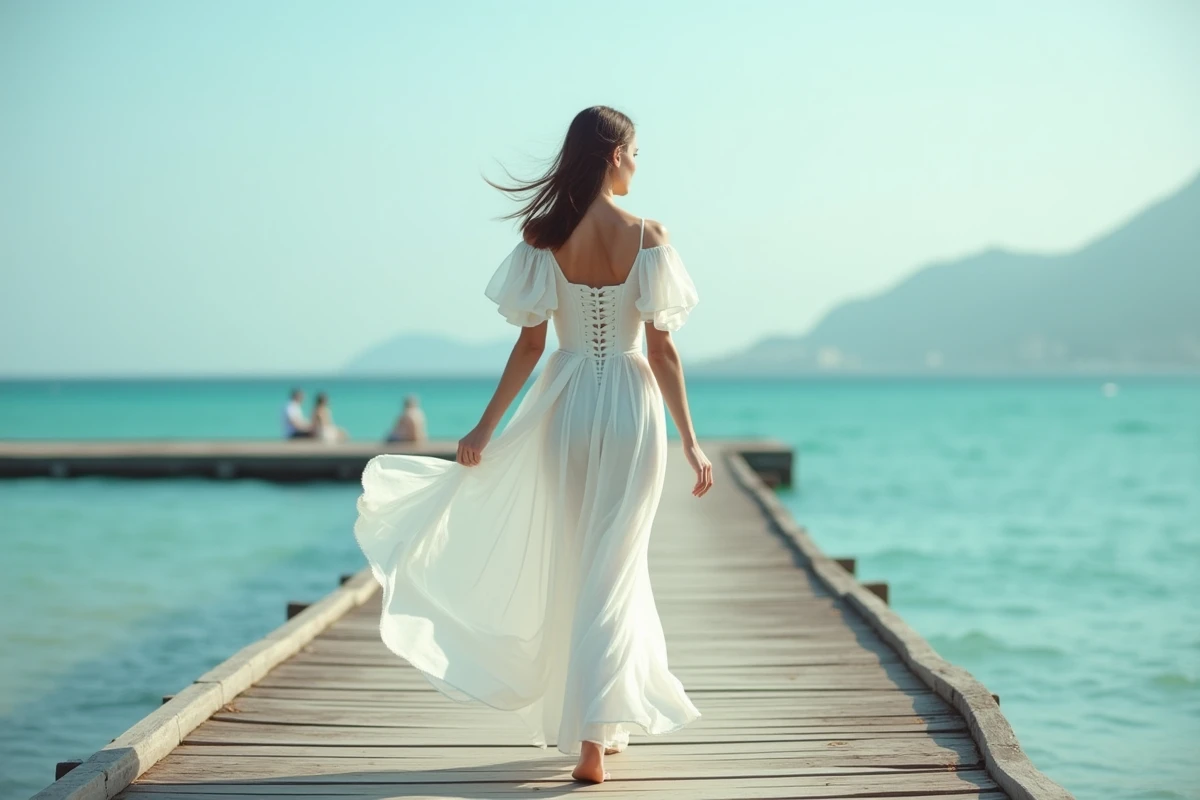 Femme en longue robe blanche fluide marchant sur un ponton en bois au bord de la mer