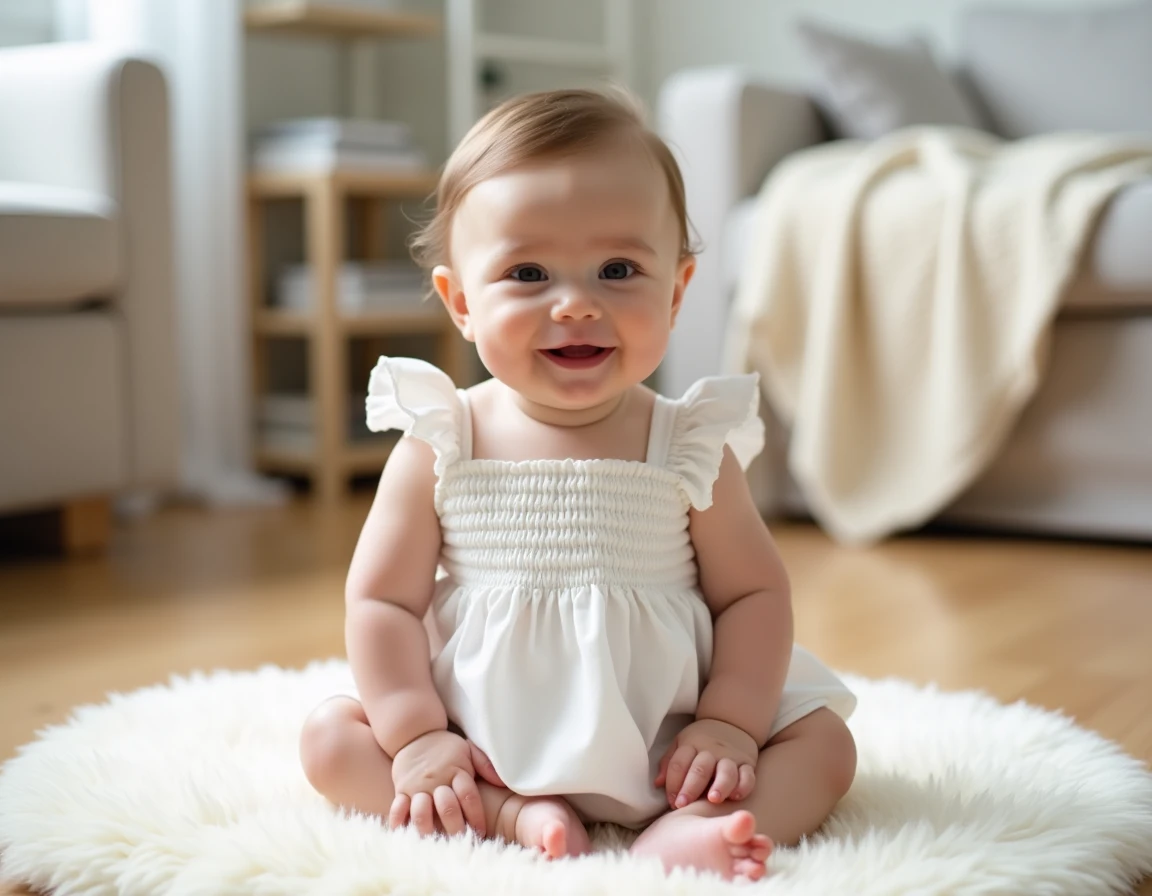 Bébé fille assise sur tapis moelleux portant une robe de cérémonie blanche à encolure enveloppe et pressions au entrejambe pour faciliter le change