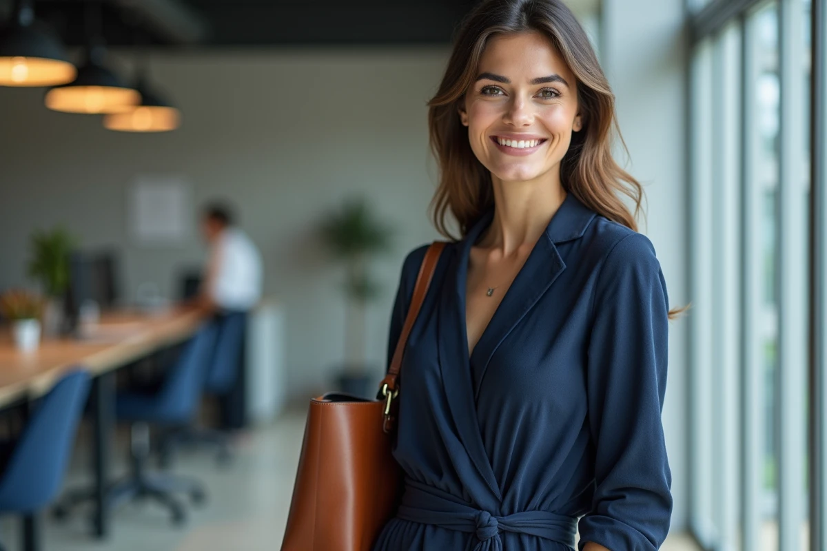 Femme en robe coton bleue marine élégante dans un bureau moderne, style professionnel et confortable