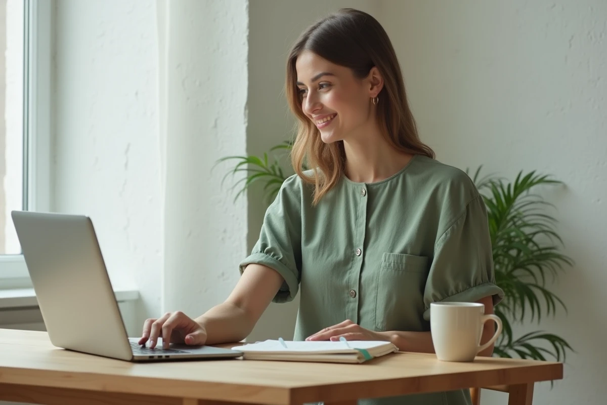 Femme portant une robe coton verte midi au bureau, alliant confort et élégance au travail